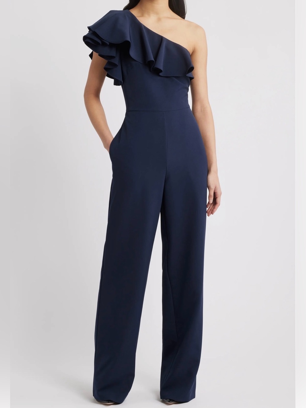 🆕🫐 Eliza J Navy Blue One Shoulder Ruffle Wide Leg Jumpsuit Size 8 Party Formal